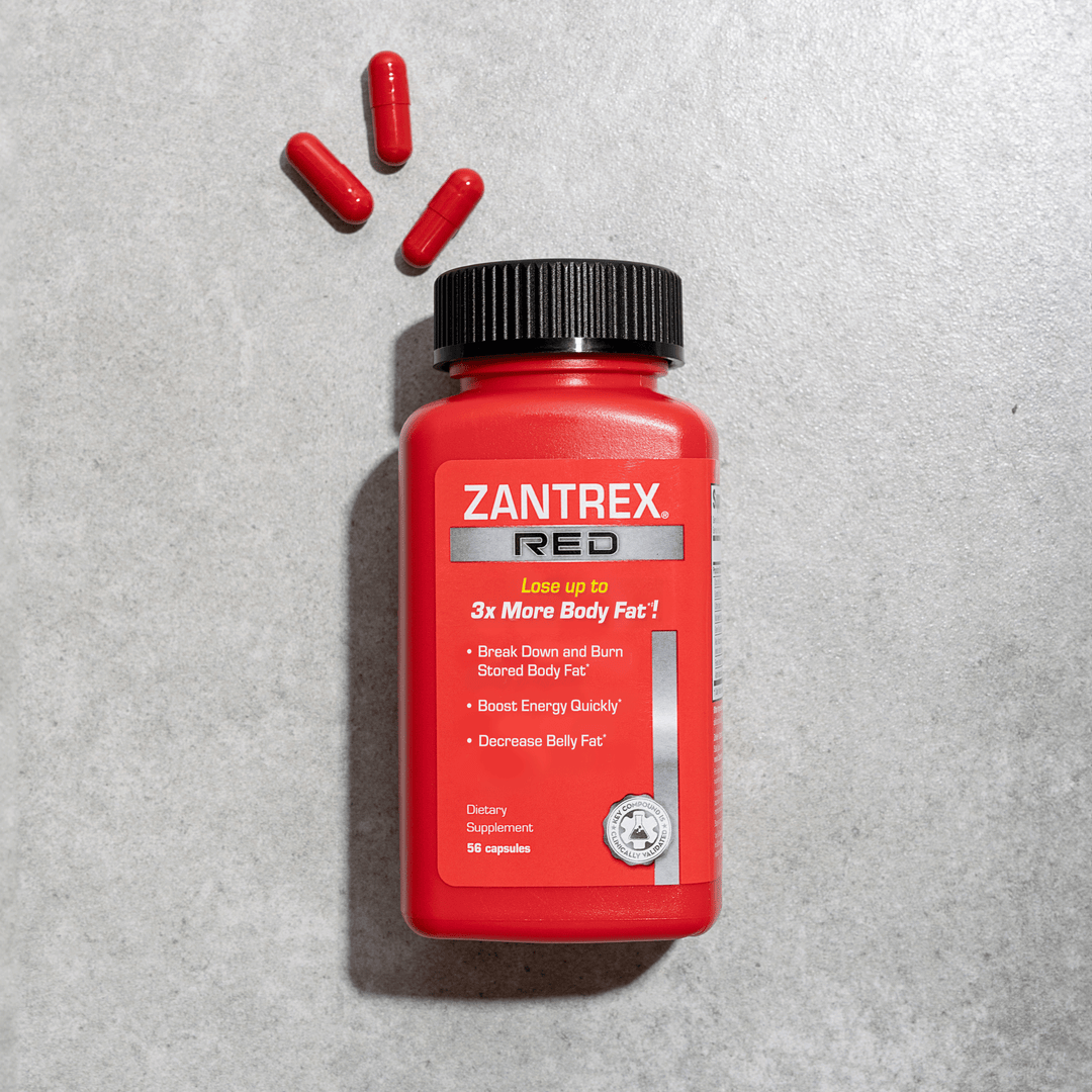 An image of a Zantrex Red bottle with 3 capsules displayed on a stone background