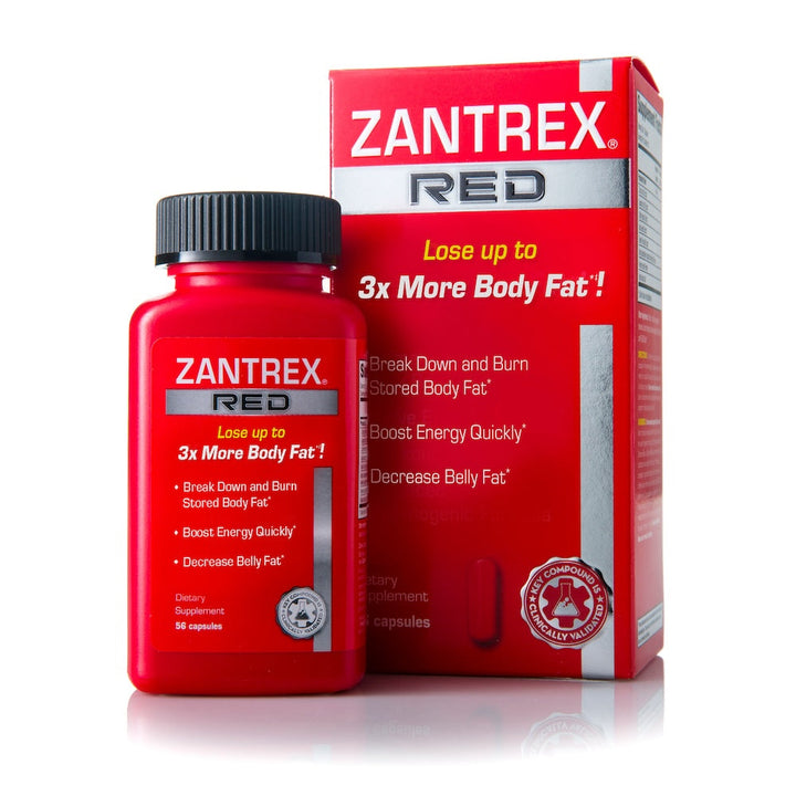 Bottle of Zantrex Red next to it's packaging that showcases it's benefits of losing up to 3x more body fat